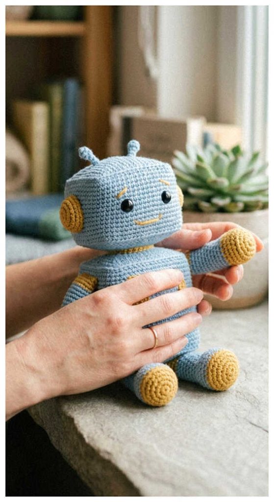 small crochet robot amigurumi sitting toy handmade robot doll free crochet pattern style in hands