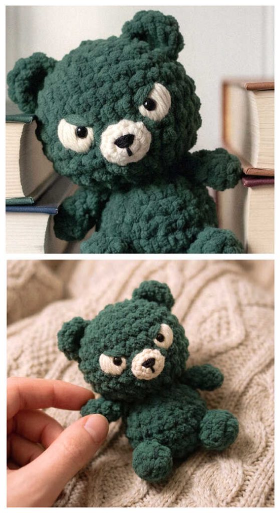 crochet green bear amigurumi cute handmade bear toy soft yarn detail
