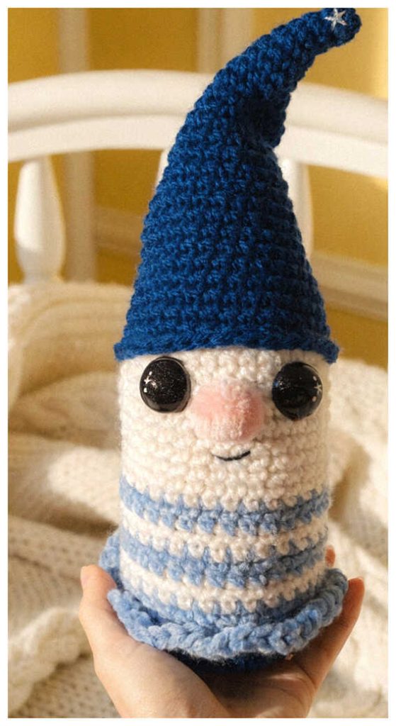 blue gnome amigurumi handmade plush crochet doll inspiration with soft striped outfit