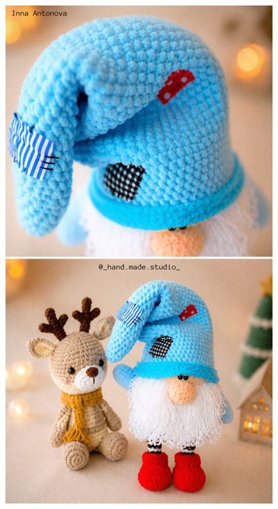crochet gnome amigurumi free pattern handmade plush gnome doll with blue hat and festive toy friends