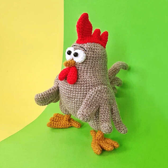 crochet rooster amigurumi free pattern finished chicken toy colorful background