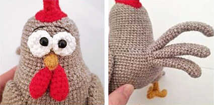 crochet rooster head and body amigurumi free pattern front and back view assembly