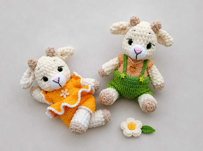 cute crochet goat amigurumi free pattern handmade plush goat dolls with colorful outfit details