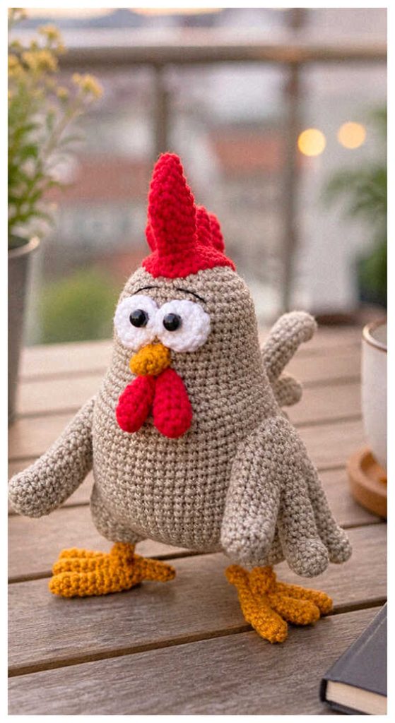 crochet rooster amigurumi free pattern cute handmade chicken toy on table outdoor setting