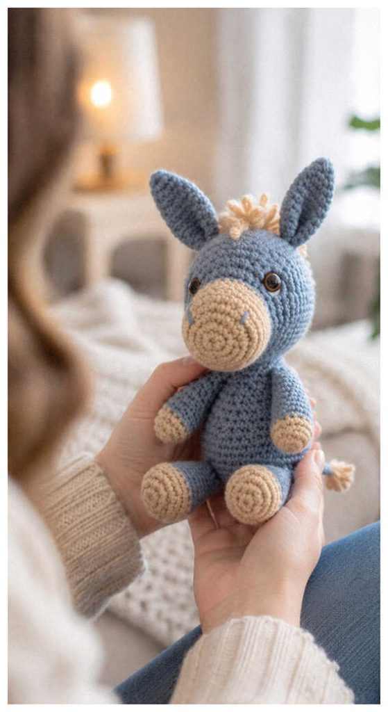 small crochet donkey toy cute handmade amigurumi farm animal cozy decor inspiration