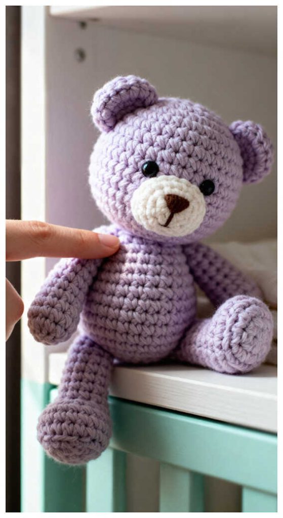 crochet purple teddy bear amigurumi sitting toy cute handmade bear soft yarn detail