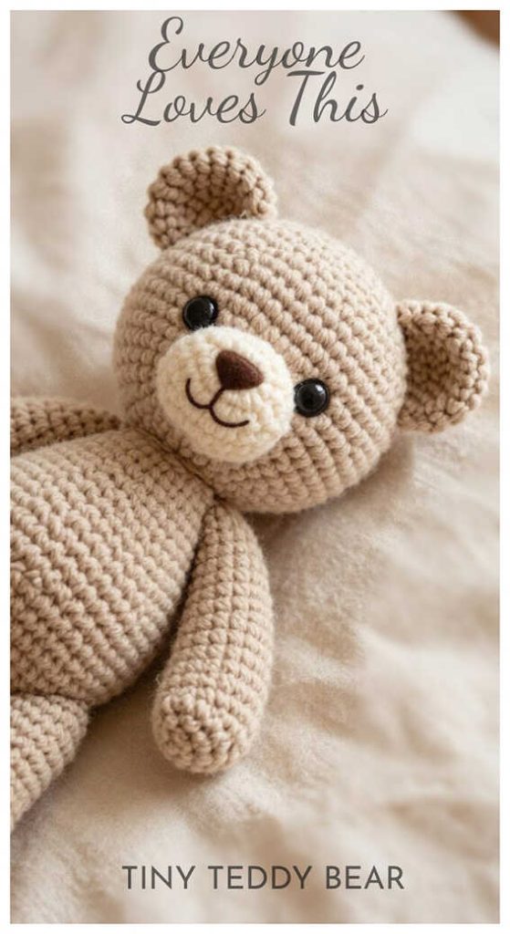 small crochet teddy bear amigurumi lying down cute handmade bear toy cozy neutral tones