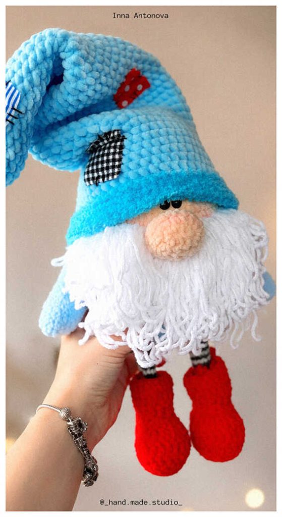plush crochet gnome amigurumi free pattern handmade doll with white beard red boots and blue hat