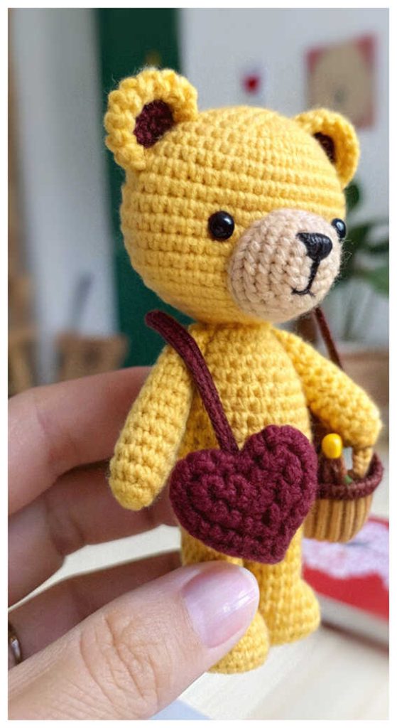 crochet yellow teddy bear amigurumi with bag cute handmade bear toy playful style