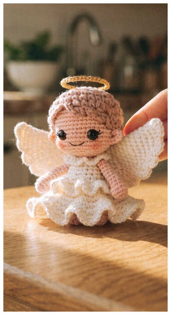 tiny angel crochet amigurumi handmade doll inspiration with wings and cozy tabletop styling