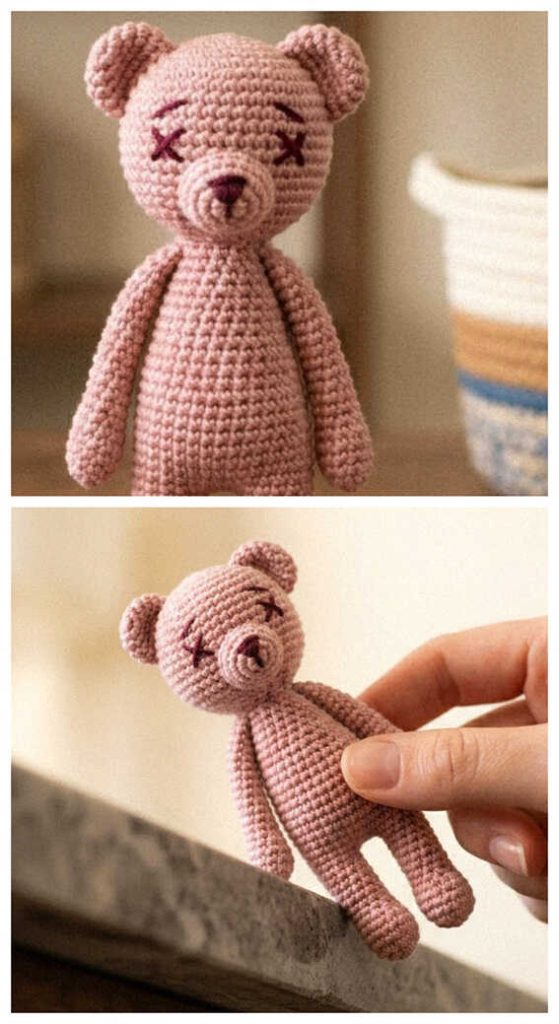 tiny crochet teddy bear amigurumi in hand cute handmade bear toy small size detail