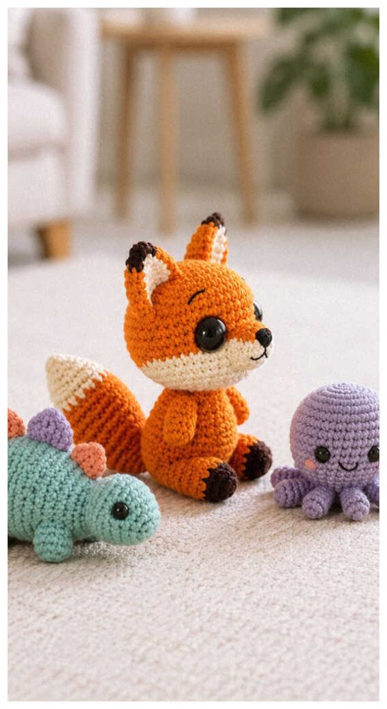 tiny crochet fox amigurumi cute handmade fox toy cozy neutral setting inspiration