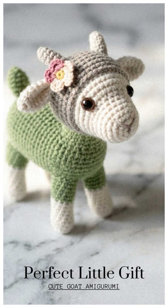 tiny goat amigurumi handmade crochet farm animal doll inspiration with cozy outfit details