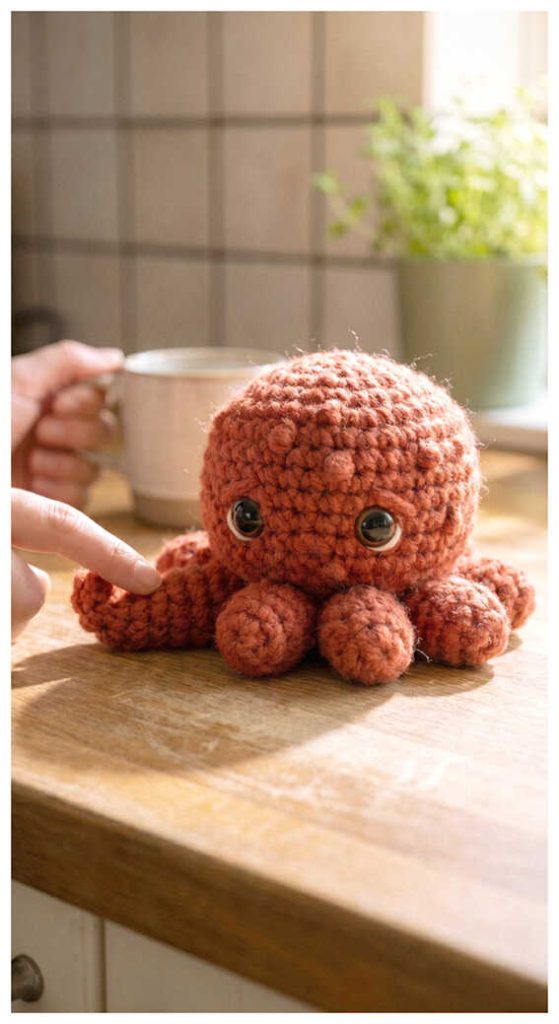 Adorable coral octopus amigurumi resting by a window in a warm handmade setting