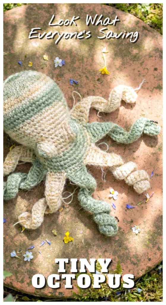 Tiny crochet octopus amigurumi surrounded by soft pastel details and cozy handmade styling