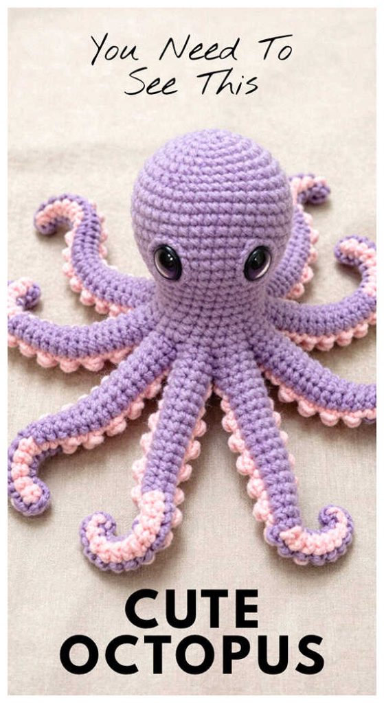 Purple octopus amigurumi with expressive eyes and whimsical handmade charm