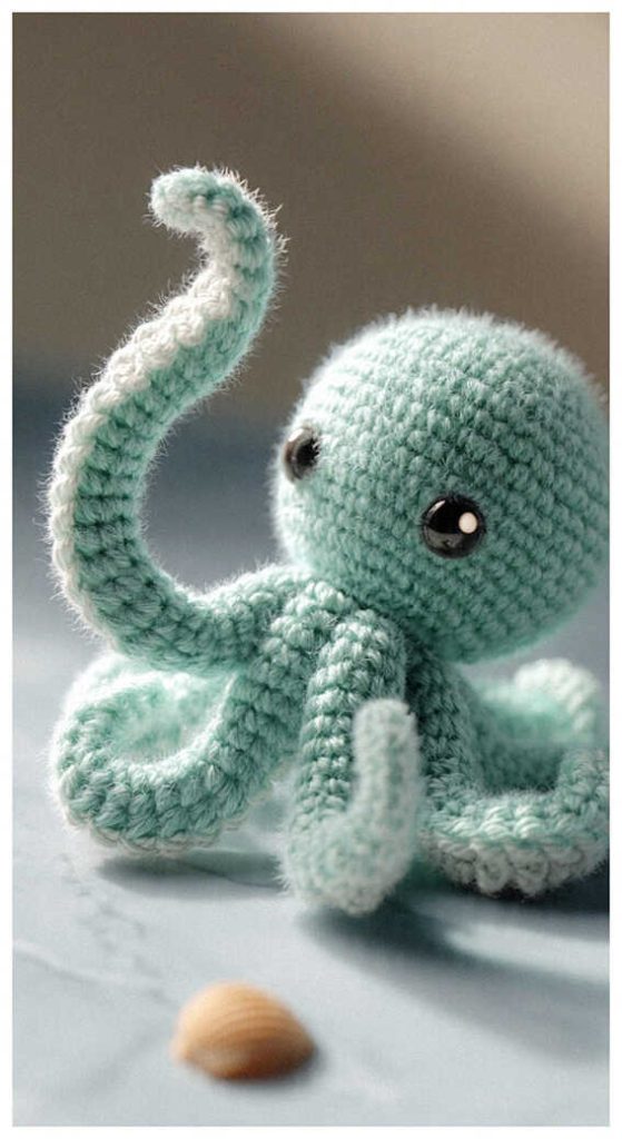Tiny mint octopus amigurumi displayed on a soft neutral background with charming handmade details